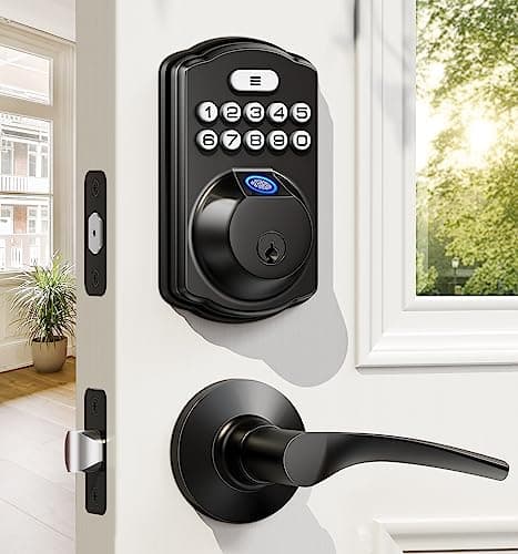 Veise Fingerprint Door Lock with 2 Lever Handles Keyless Entry Door Lock, Electronic Keypad Deadbolt, Digital Smart Code Front Handle Sets, Auto-Locking, Easy Installation, Matte Black